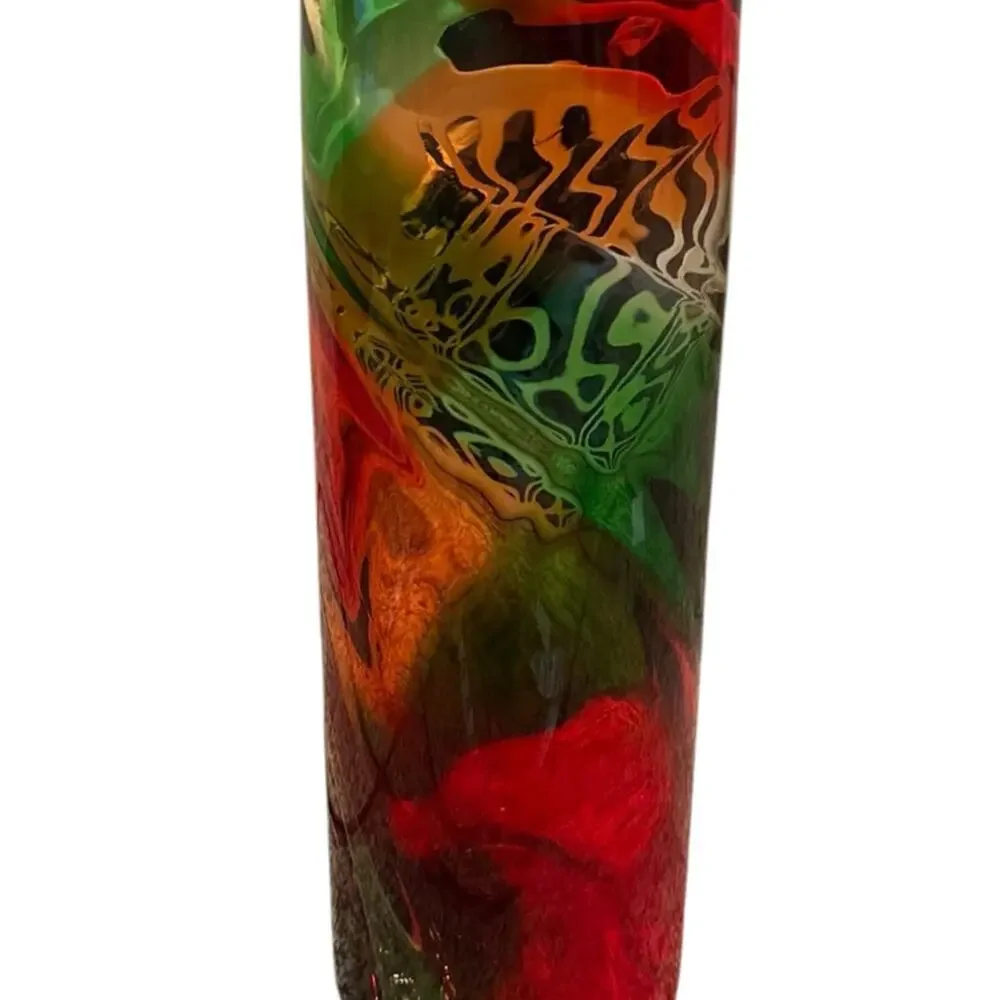 Art Glass Hand Blown Swirl Vase Red Green Clear 12